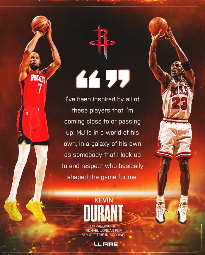 杜兰特超越乔丹成历史得分榜第五 火箭迎四连客